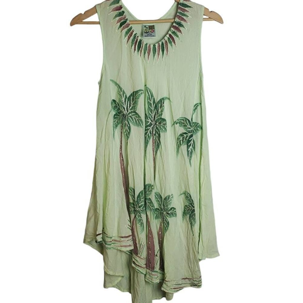 Vintage India Boutique Green Palm Tree Beach Dress One Size